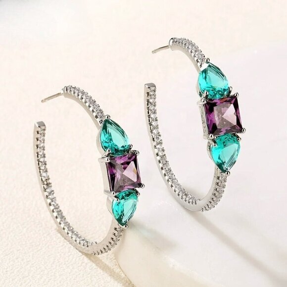NWT Statement Hoop Earrings 14K Gold Plated Green CZ Purple Green Crystals - Picture 5 of 12